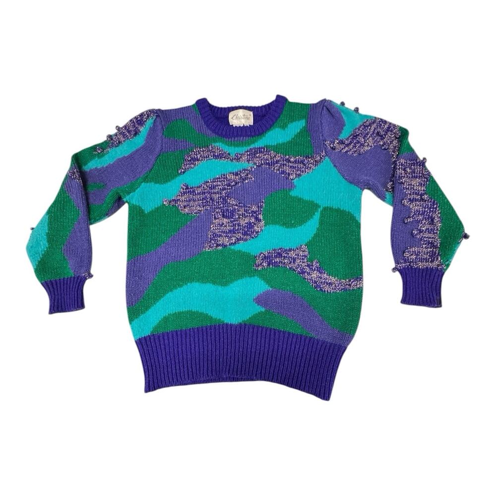 Vintage Christine Crew Neck M Knit Sparkly Purple Teal Green Colorblock Sweater